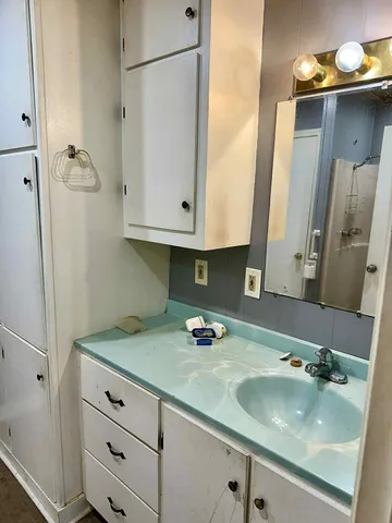 a bathroom with a sink and a mirror
