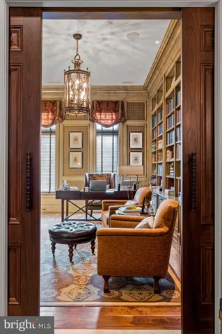 a backyard of a house with lots of green space and fountain