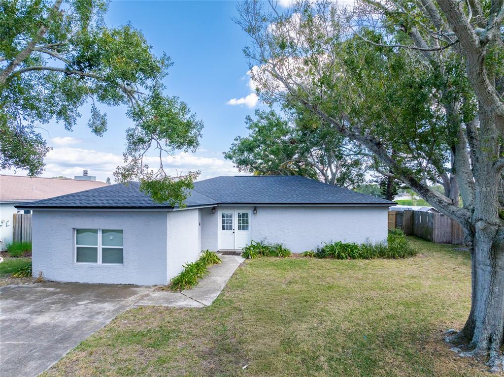 a view of a house with a yard and a large tree