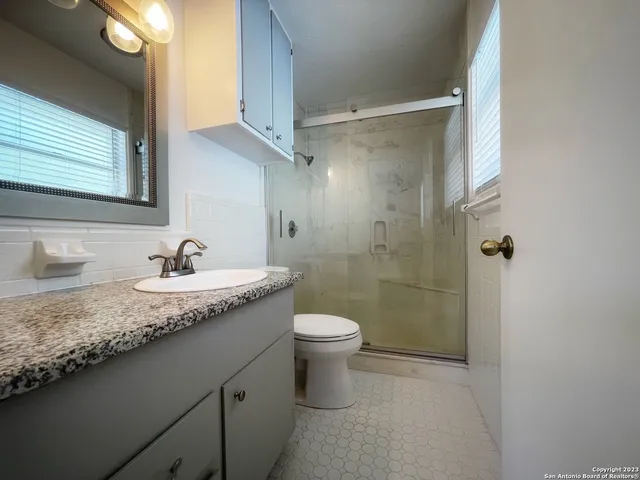 a bathroom with a granite countertop sink a toilet and shower
