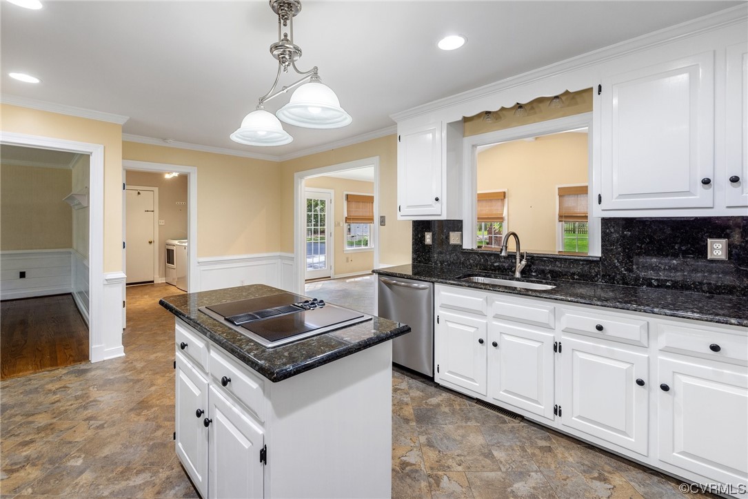 2210 Albion Road Midlothian, VA 23113 - Photo 14 of 36 a kitchen with granite countertop a stove a sink a refrigerator and white cabinets