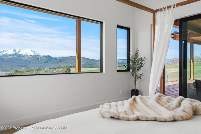 a view of a bedroom with bed and a potted plant