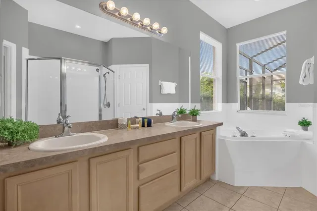 a bathroom with a granite countertop sink a large mirror and a bathtub
