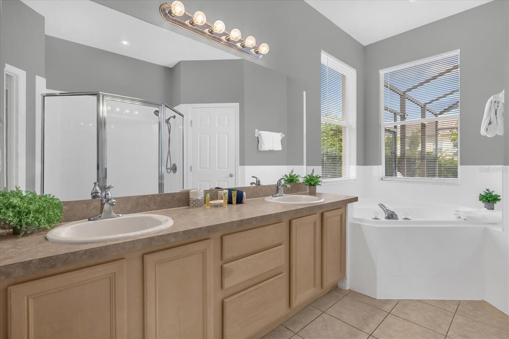 246 Montara Drive Davenport, FL 33897 - Photo 21 of 37 a bathroom with a granite countertop sink a large mirror and a bathtub