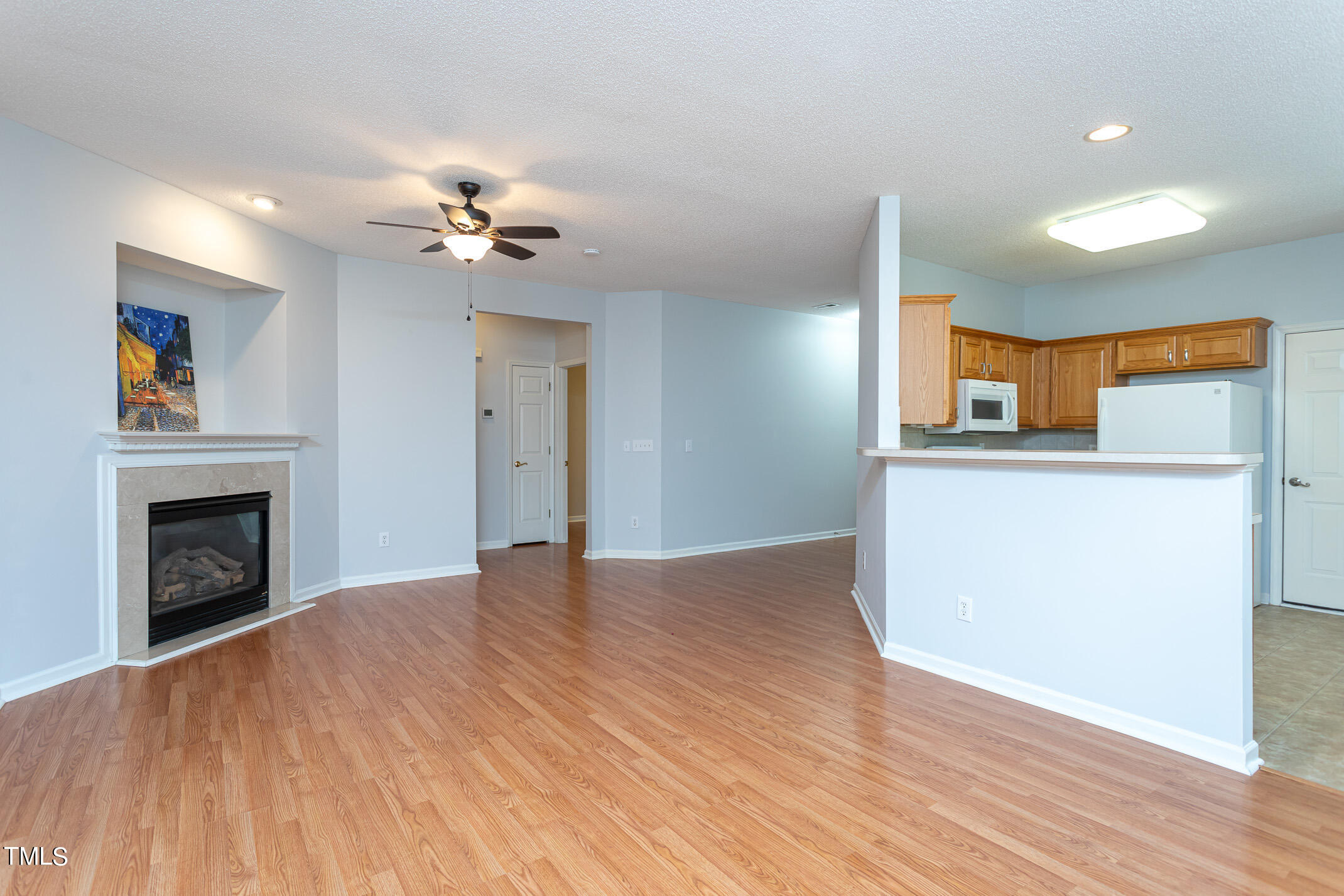 2548 Bent Green Street Raleigh, NC 27614 - Photo 10 of 28 a view of a livingroom with a fireplace a ceiling fan and wooden floor