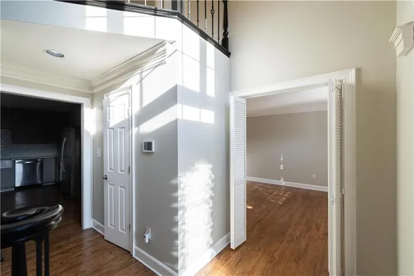 a view of a livingroom with wooden floor