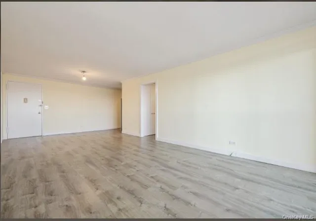 a view of an empty room and wooden floor