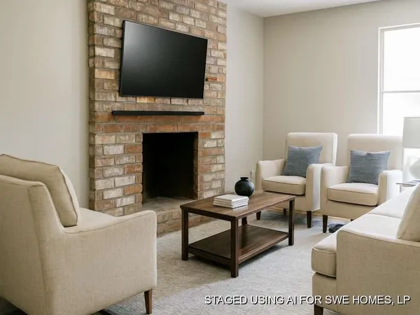 a living room with furniture a flat screen tv and a fireplace