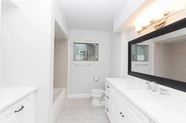 a bathroom with a sink a toilet and a large mirror