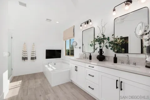 a bathroom with a double vanity sink a mirror and shower