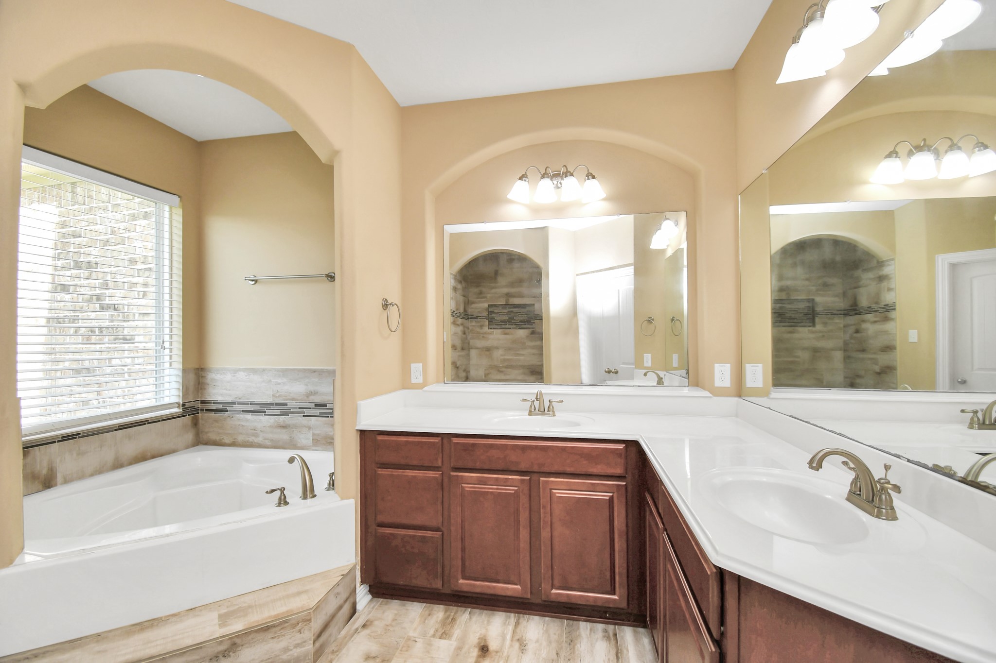 9511 Emerald Lakes Drive Rosharon, TX 77583 - Photo 18 of 38 a bathroom with a tub sink and mirror
