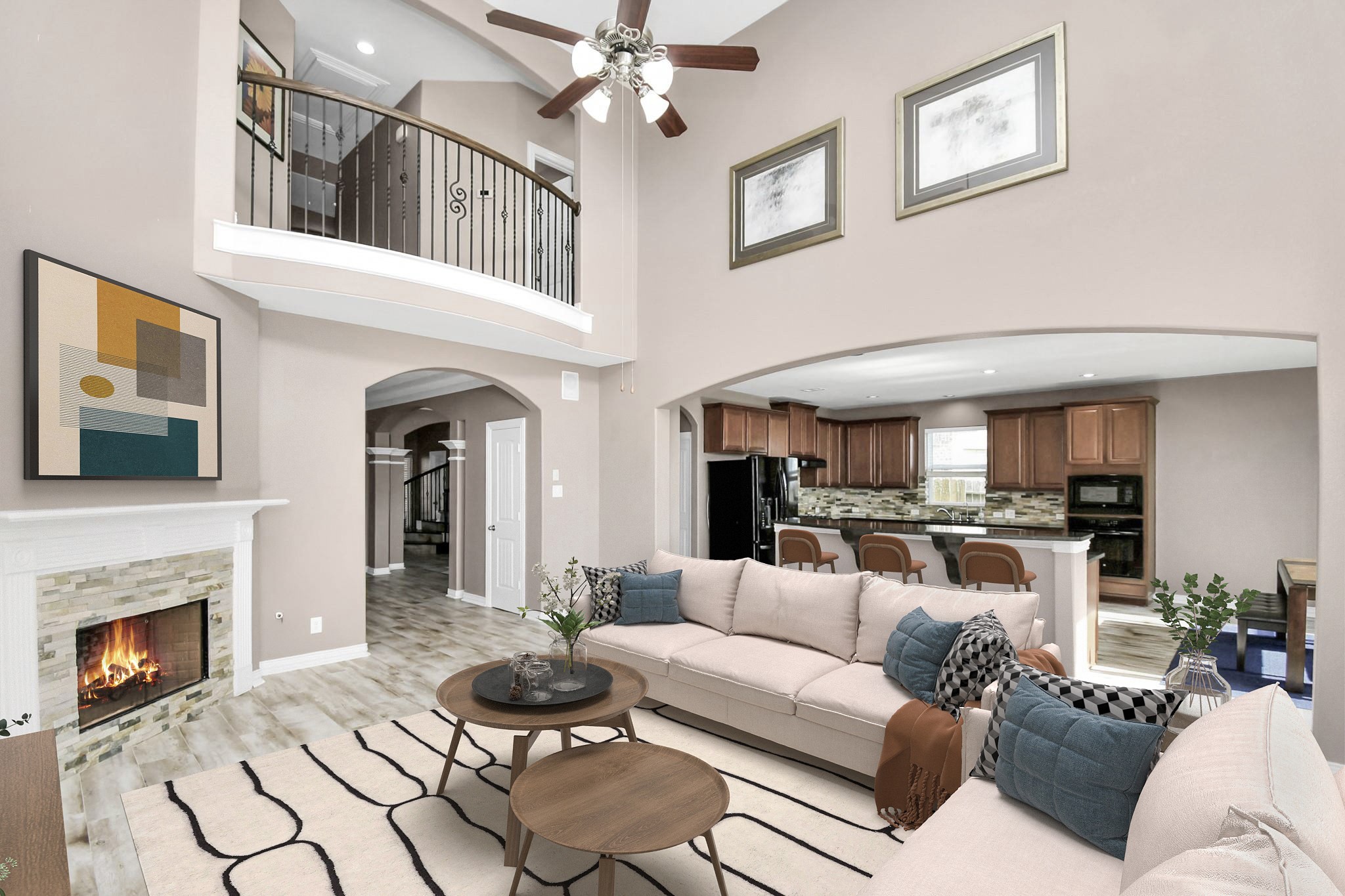 9511 Emerald Lakes Drive Rosharon, TX 77583 - Photo 7 of 38 a living room with furniture a fireplace and a chandelier