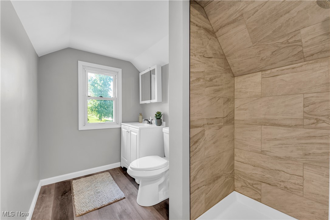 2425 Canterbury Road Cleveland Heights, OH 44118 - Photo 26 of 33 Bathroom featuring vaulted ceiling, vanity, hardwood / wood-style floors, and toilet
