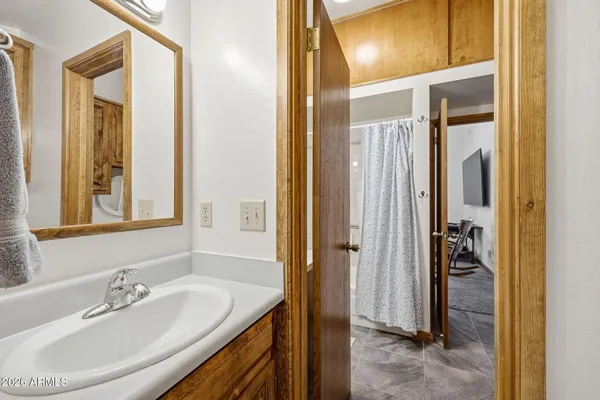 a bathroom with a sink a toilet and mirror