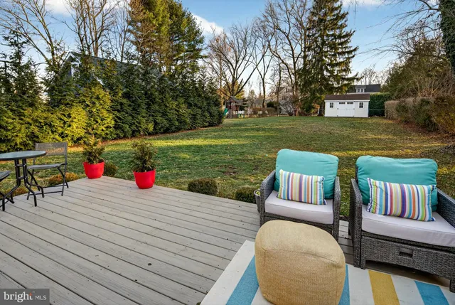 a view of a field with large trees