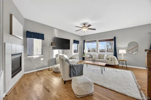 a living room with furniture fireplace and flat screen tv