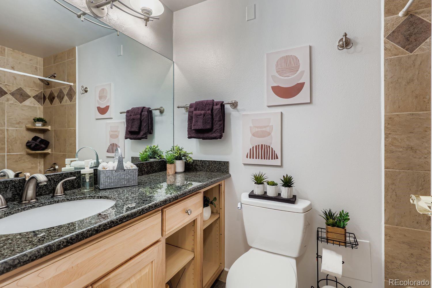1625 Larimer Street, Unit 1007 Denver, CO 80202 - Photo 13 of 28 a bathroom with a granite countertop sink mirror vanity and toilet