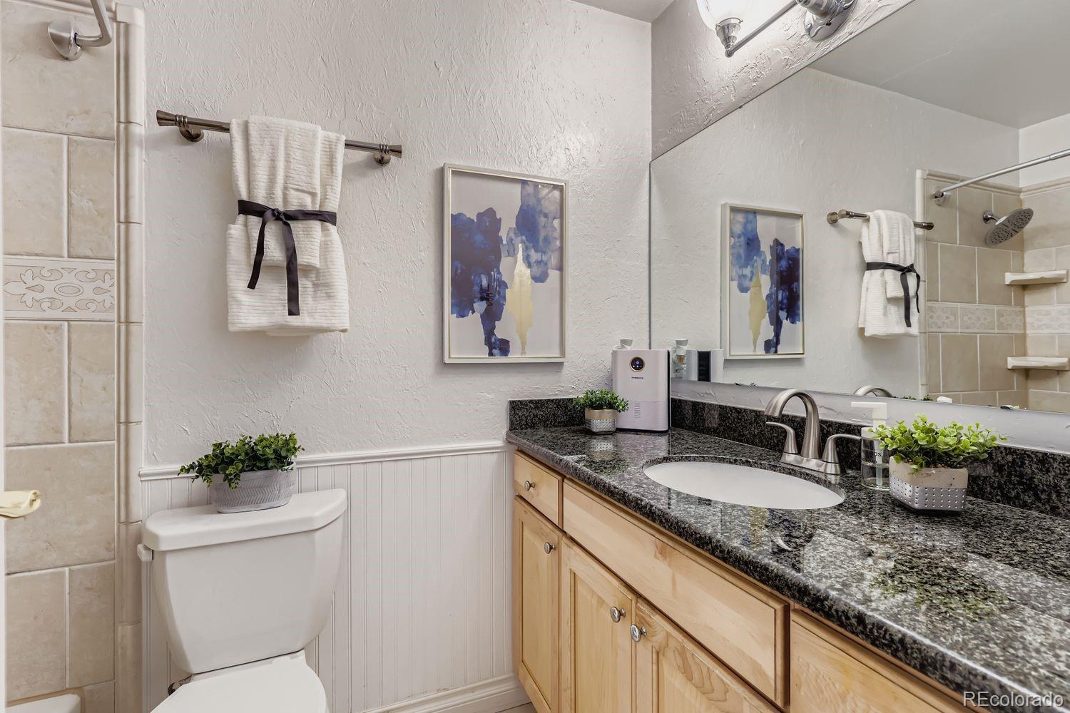 1625 Larimer Street, Unit 1007 Denver, CO 80202 - Photo 10 of 28 a bathroom with a granite countertop sink a toilet and mirror
