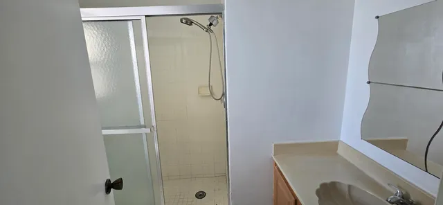 a bathroom with a shower and a sink