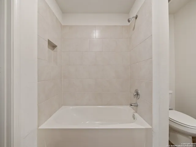 a bathroom with a shower and a toilet