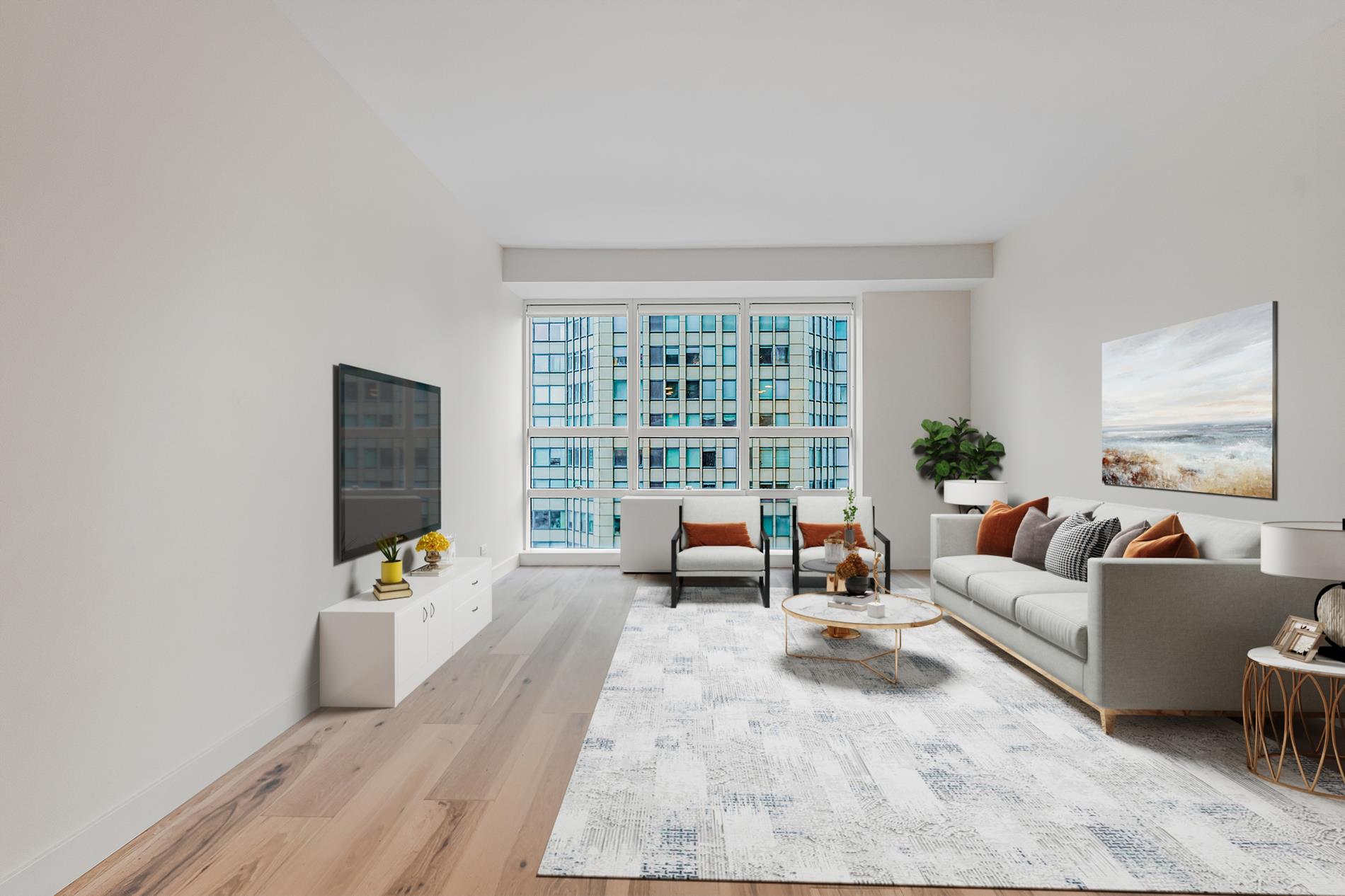 146 West 57th Street, Unit 52E Manhattan, NY 10019 - Photo 1 of 19 a living room with furniture and a flat screen tv