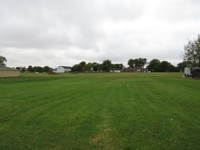 a view of a grassy field with trees