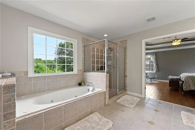 a bathroom with a bathtub and a shower