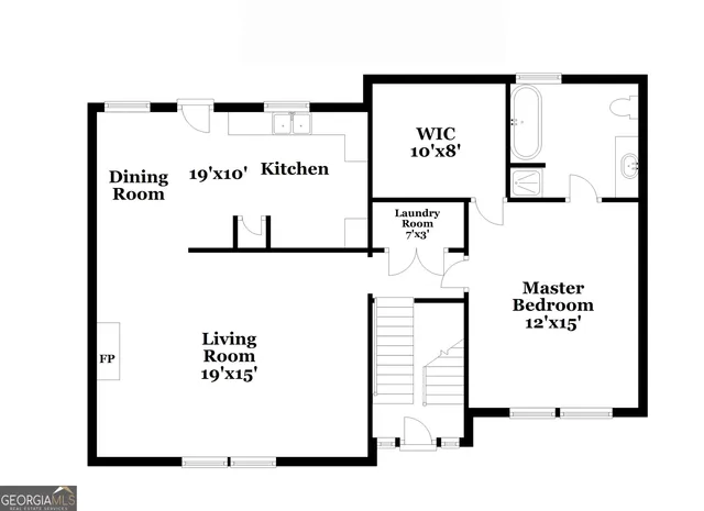 an empty room with a fireplace and windows