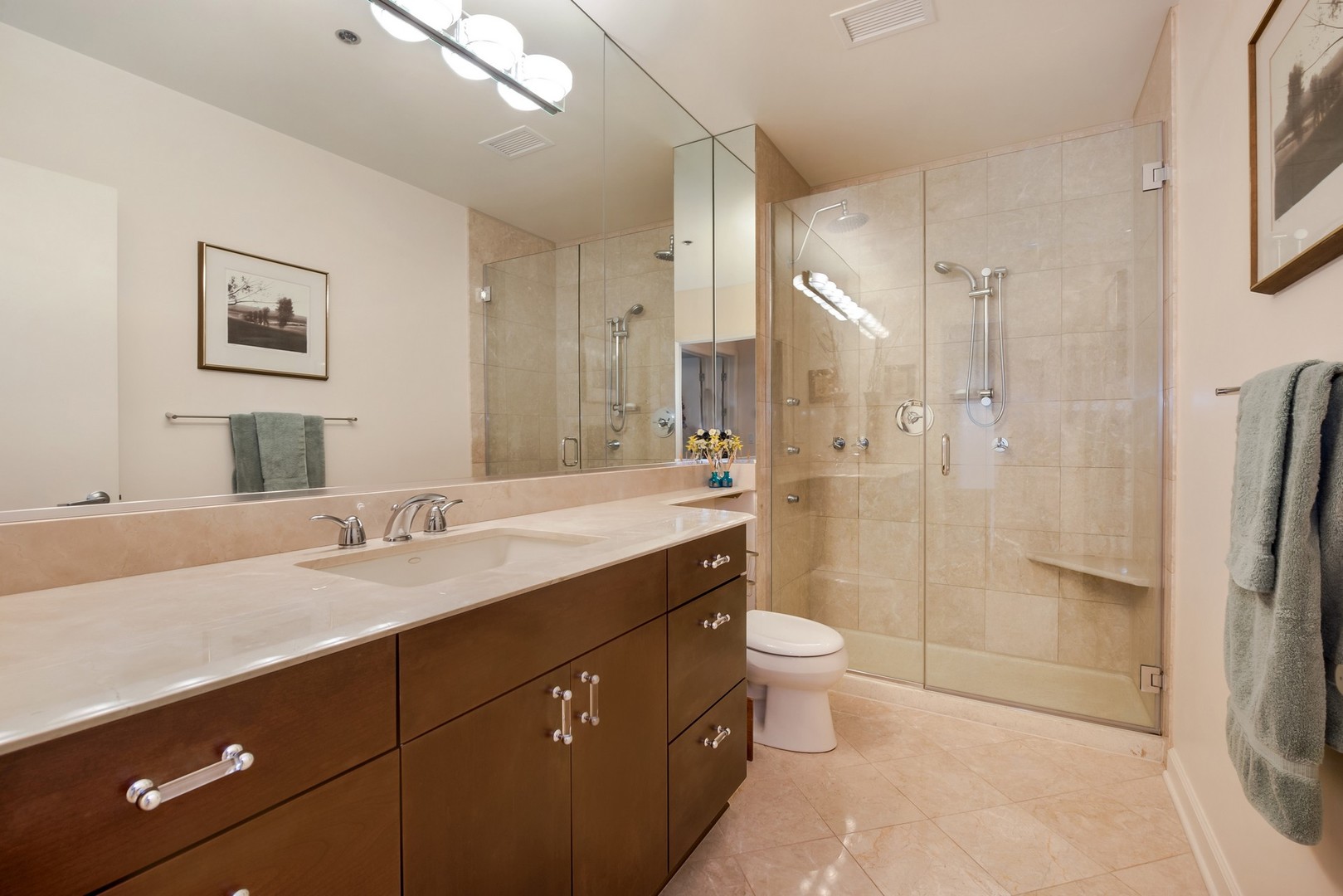 1335 South Prairie Avenue, Unit 1706 Chicago, IL 60605 - Photo 13 of 16 a spacious bathroom with a double vanity sink toilet mirror and shower