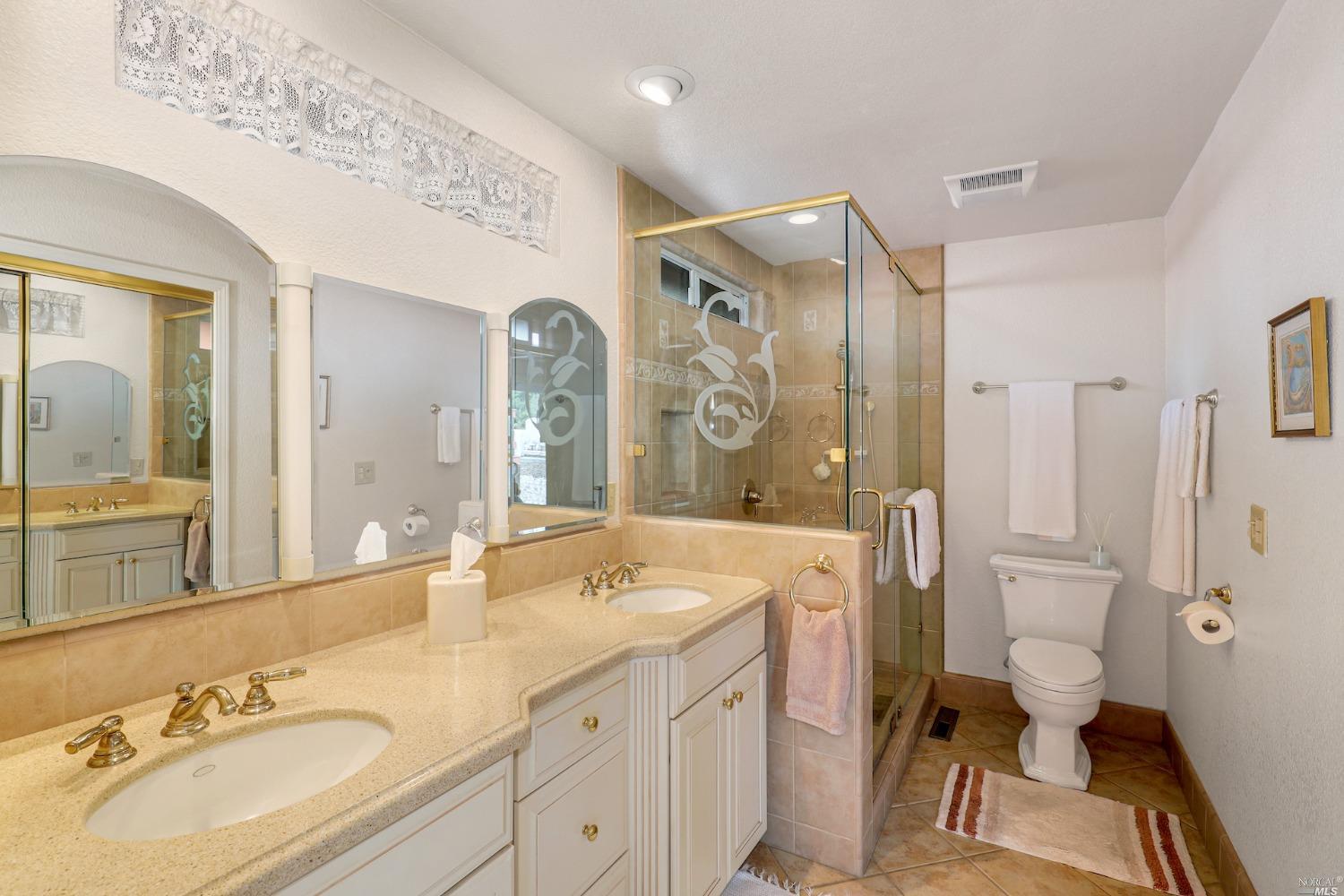 1454 Olivet Road Santa Rosa, CA 95401 - Photo 13 of 30 a bathroom with a sink double vanity granite toilet and shower