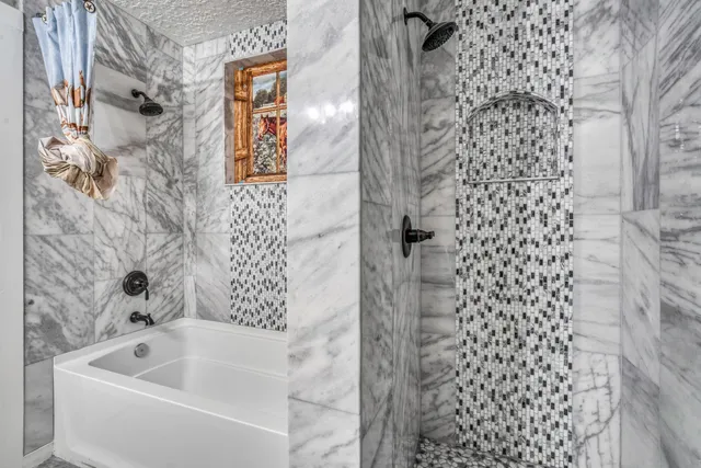 a bathroom with a bathtub and shower