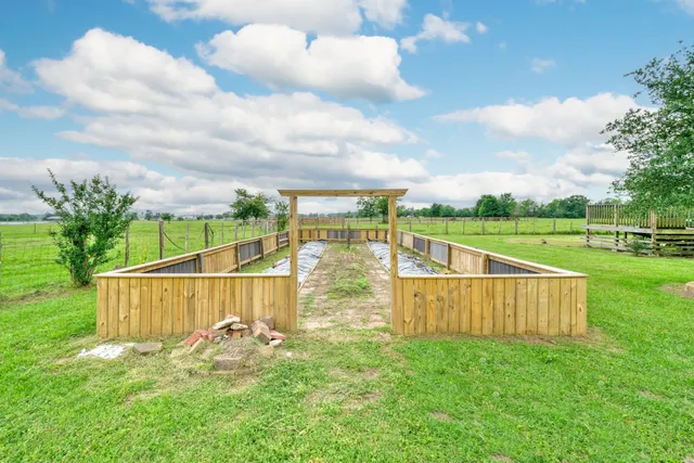 a view of a garden with swimming pool