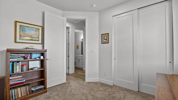 a view of a bedroom with a bookshelf and a closet