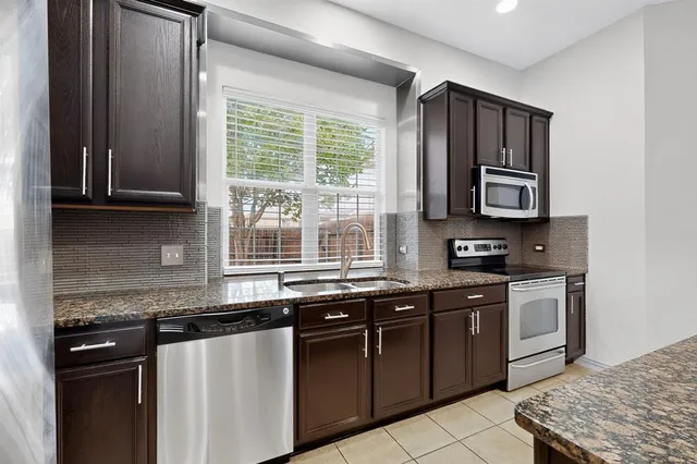 a kitchen with stainless steel appliances granite countertop a stove a sink and a microwave