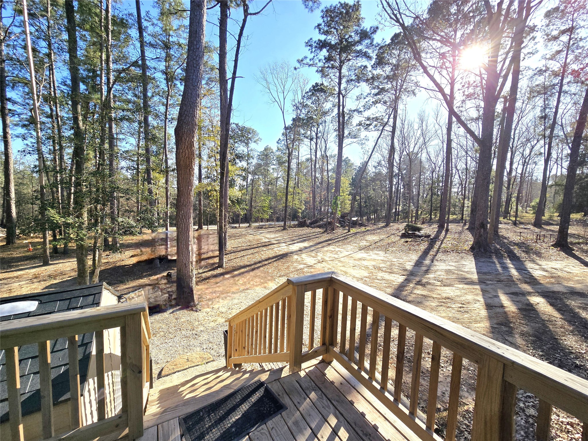 20 Morris Creek Road Coldspring, TX 77331 - Photo 2 of 29 This photo showcases a serene wooded backyard view from a wooden deck, ideal for nature lovers seeking privacy and tranquility.