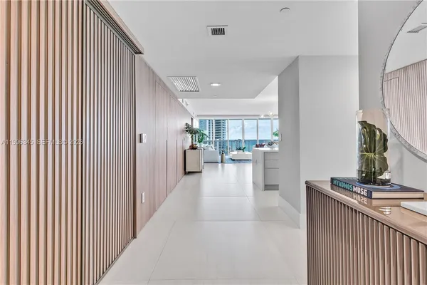 a hallway with a large window