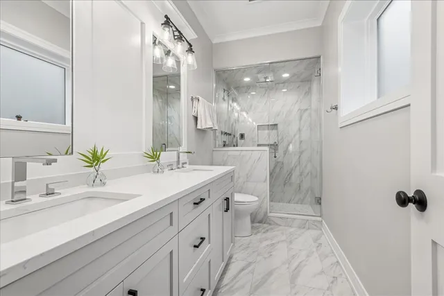 a bathroom with a double vanity sink mirror and toilet