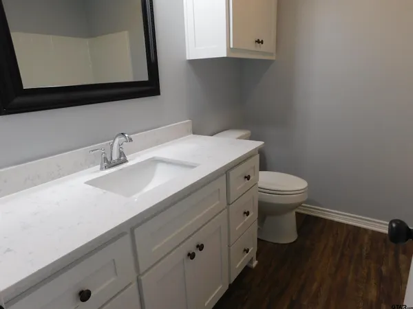 a bathroom with a granite countertop toilet sink and mirror