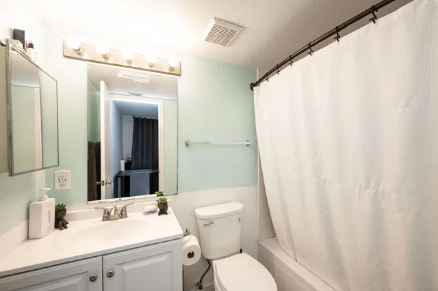 a bathroom with a sink a toilet and shower curtain