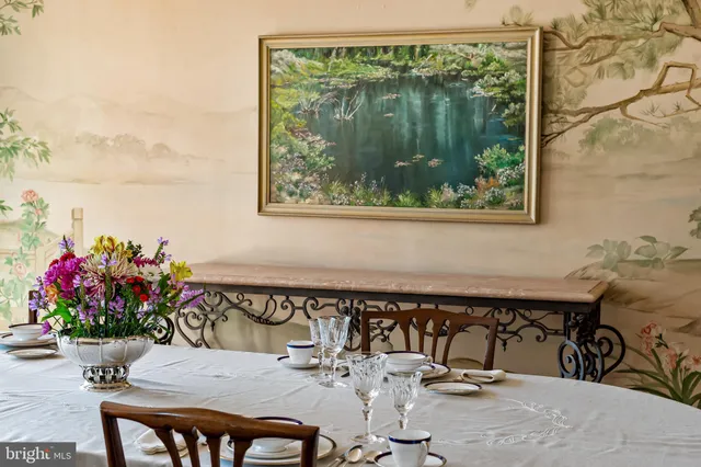 a view of a mirror and a potted plant in a corridor