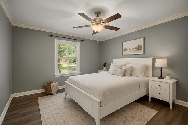 a bedroom with a large bed and a window