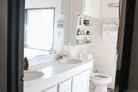 a bathroom with a sink a toilet and a mirror