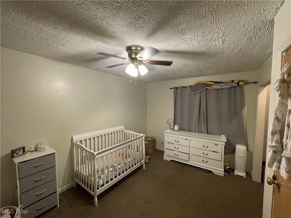 12337 Vincent Road Mount Vernon, OH 43050 - Photo 28 of 34 Carpeted bedroom with ceiling fan, a crib, and a textured ceiling