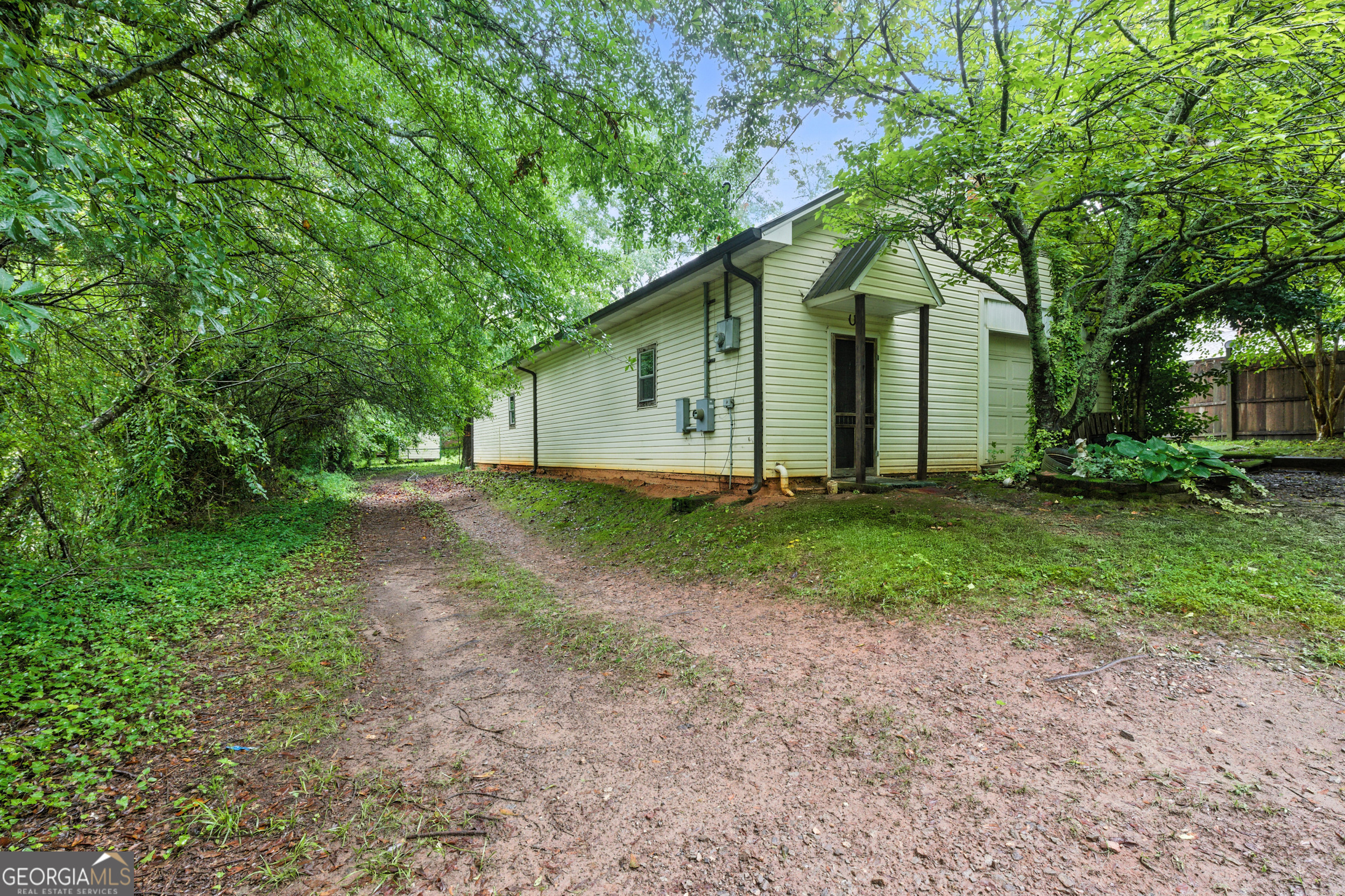 a backyard of a house with plants and large tree
