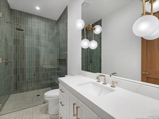 a bathroom with a granite countertop sink a toilet and shower