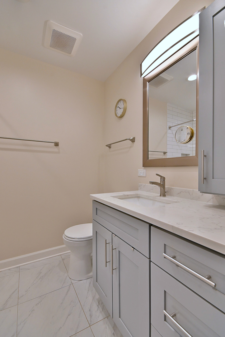 3045 North Paris Avenue, Unit 203 River Grove, IL 60171 - Photo 17 of 27 a bathroom with a granite countertop sink a toilet and a mirror