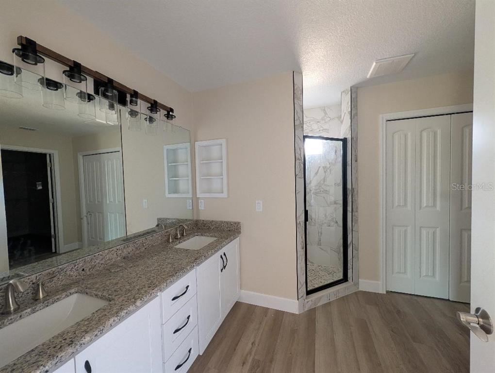 5441 Chestnut Ridge Road Dade City, FL 33523 - Photo 9 of 23 a bathroom with a granite countertop sink a mirror and shower