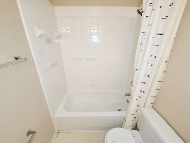 a bathroom with a bathtub and a toilet