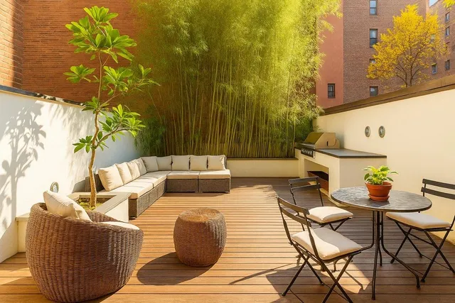 a outdoor living room with patio furniture and a potted plant