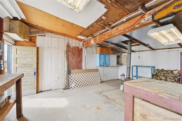 a view of a garage with door